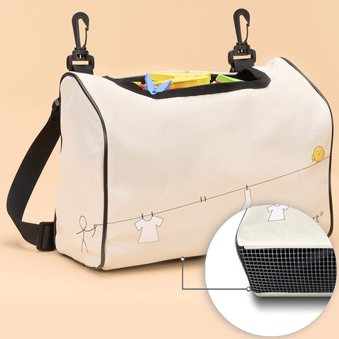 Wearable Clothespin Bag with Shoulder & Waist Strap. Double Secure Clips & Clever Quick Dry Mesh Clothes Pins Bag Holder. Clothes Pin Bag That Holds Up To 300 Medium Clothespins (Open Top: Beige)