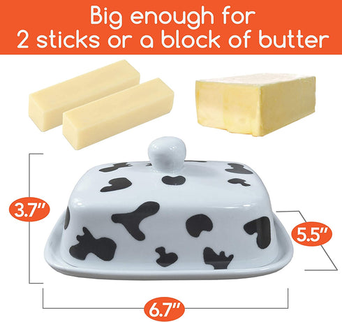 Cow Butter Dish with Lid | White Ceramic Cow Decor for Cow Print Lovers | LARGE - Fits Block of Butter or 2 Sticks | Perfect for Rustic Kitchens
