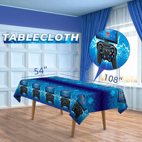 DECORLIFE Video Game Party Supplies Serves 24, Complete Gamer Party Supplies Includes Tablecloth, Popcorn Boxes, Blue, Total 200pcs for Boys Birthday