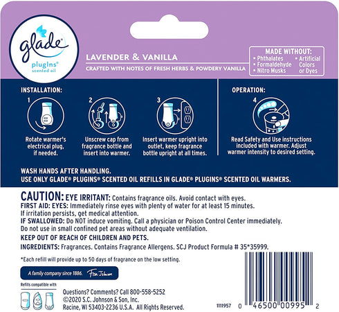 Glade PlugIns Refills Air Freshener, Scented and Essential Oils for Home and Bathroom, Lavender & Vanilla, 3.35 Fl Oz, 5 Count