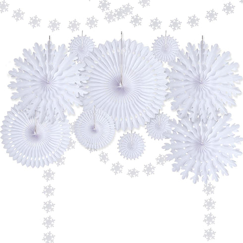 cnomg 12pcs Winter Wonderland Snowflake Party Decorations Set Hanging White Paper Fan Decor Snowflakes Garlands Banner Decoration for Frozen Birthday ChristmasTree New Year Baby Shower Wedding (White)