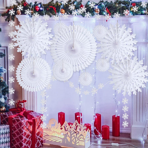 cnomg 12pcs Winter Wonderland Snowflake Party Decorations Set Hanging White Paper Fan Decor Snowflakes Garlands Banner Decoration for Frozen Birthday ChristmasTree New Year Baby Shower Wedding (White)