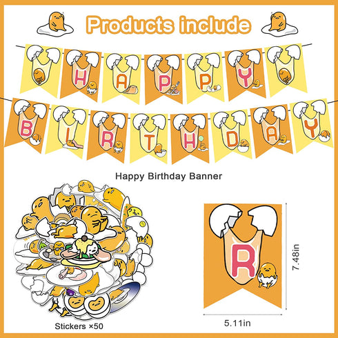 82 Pieces Lazy egg Party Supplies, Gudetama Themed Birthday Party Decoration included Banner, Latex Balloon, Cake Topper, Cupcake Toppers, 50pcs Stickers for Lazy egg Party Decoration.