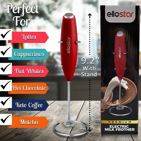 ellostar Milk Frother Handheld Electric Battery Operated Foam Maker For Coffee, Latte, Cappuccino, Frappe, Matcha, Hot Chocolate, Drink Mixer With Stainless Steel Whisk, Stand Included (Red)