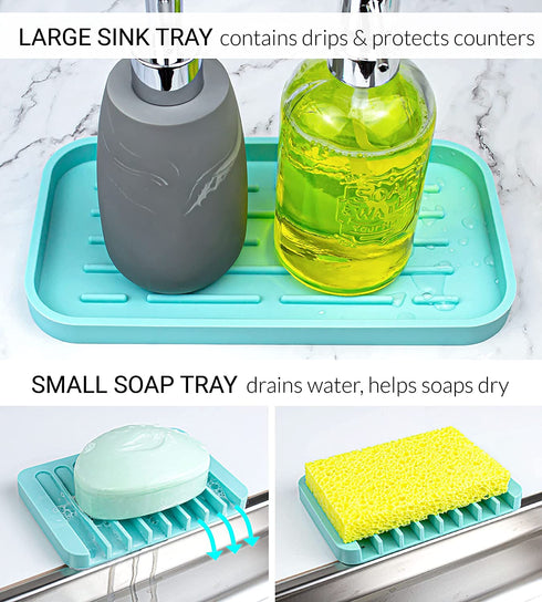 UHMER Silicone Sink Tray Set, Kitchen Sink Organizer Tray & Silicone Soap Dish 4-PACK, Multipurpose Turquoise Kitchen Sink Tray for Soap Bottles, Sponge Tray for Kitchen Sink, Kitchen Soap Tray