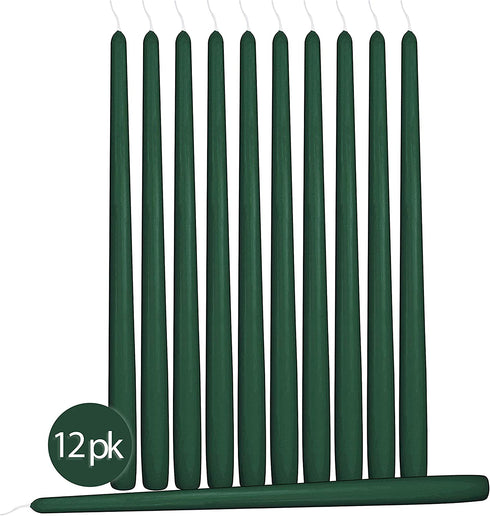 Hyoola 12 Pack Tall Taper Candles - 10 Inch Hunter Green Dripless, Unscented Dinner Candle - Paraffin Wax with Cotton Wicks - 8 Hour Burn Time