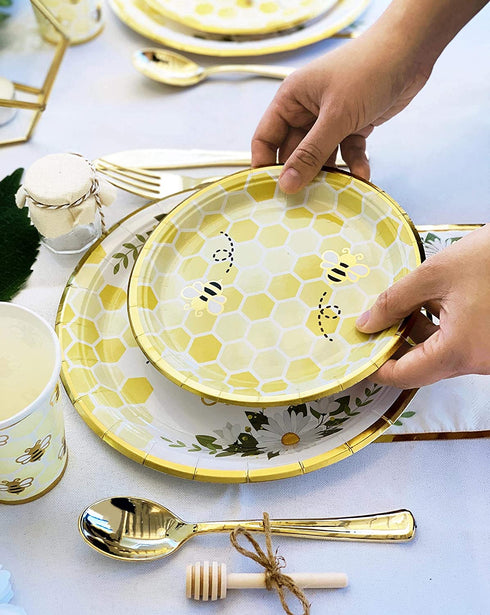 Bumble Bee Tableware Party Decorations | Paper Plates, Napkins, Beverage Cups | Baby Shower Gender Reveal Neutral Supplies, Birthdays and Weddings, Honeycomb, Yellow Floral, Gold Foil, Serves 16
