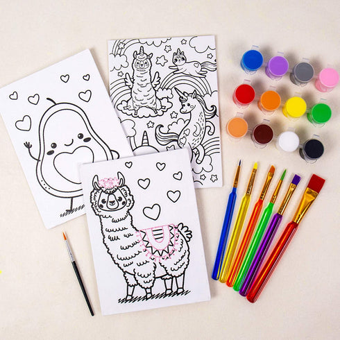 Horizon Group USA Pre-Printed Canvas & Paint Art Set. Ready to Paint 5" x 7" Canvas Panels, 12 Tempera Paints, 6 Easy-Grip Assorted Paintbrushes Included. Avocado, Llama, Rainbow Friends.