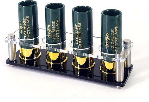 HUNTPRO 12 Gauge Shot Glass Set of 4 Green Shot Glasses with Acrylic Tray Cup Holder Gift Box Blessing Cards, Cool Funny Gift for Men