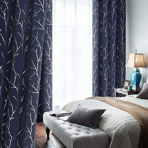 BUHUA Thermal Insulated Curtains Blackout Grommet Thermal Insulated Shinny Tree Branches Print Curtain for Bedroom,Navy Blue,38W x 72L, Set of 2 Panels