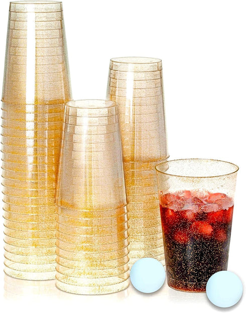 KOPHADOT 12oz Gold Glitter Plastic Cups 50 packs with 2 Party Pong Balls, Disposable and Reusable Elegant GoldCup Glitter Party Drinking Cups for Weddings, Bachelorette Parties, Christmas