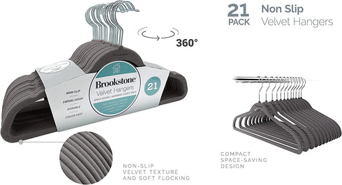 Brookstone BKH2125 Velvet Hangers, Non-Slip, 360° Swivel Hook, Lightweight & Slim, Strong & Durable, Space Saving Design, Heavy Duty, Won™t Stain Fabric, Noise Gray / 21 Pack