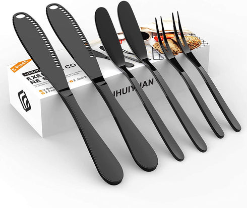 LUHUIYUAN Stainless Steel Flatware Set of 6, 2 of Magic Butter Knives Spreader with Holes, 2 of Stainless Steel Classic Cheese Spreaders, 2 of Cocktail Forks for Butter, Cheese, Jelly, Jam, Dessert