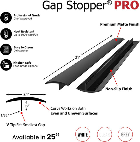 Gap Stopper® Pro - 21" Black, Professional Grade, FDA Heavy 8.6 oz Silicone, Set of 2, Covers Gap between Stove & Countertops