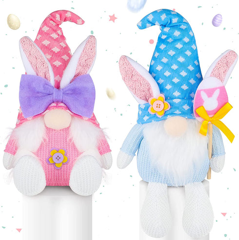 2PCS Bunny Easter Gnome Plush Easter Decorations Handmade Rabbit Dolls Easter Gifts for Kids Elf Home Ornaments for Living Room Easter Table Decor Spring Holiday Decor 14 Inches Pink and Blue