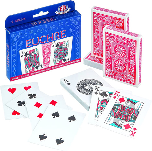 Euchre Card Game - 2 Specialty Decks Pre-Stripped to 33 Cards for Classic American Euchre or 32 Card 6-Player Variant - Custom Bower Jacks Card Art and Blank Counter Cards Included