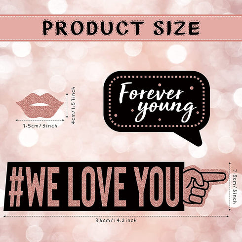 36 Pieces Rose Gold Birthday Photo Booth Props, Large Rose Gold Birthday Party Photobooth Props with Glitter for Girl Woman Birthday Parties Supplies