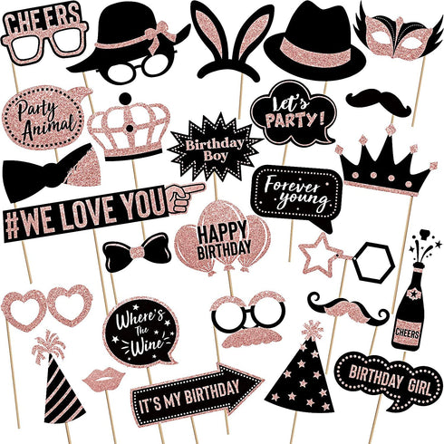 36 Pieces Rose Gold Birthday Photo Booth Props, Large Rose Gold Birthday Party Photobooth Props with Glitter for Girl Woman Birthday Parties Supplies