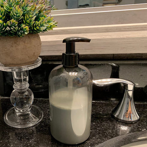 Bottiful Home-16 oz Empty PET Plastic Refillable Bottles-Set of 4-with Lotion Pumps for Shampoo, Conditioner, Body Wash, Hand Soap, Dish Soap, Lotion, Cleanser-Drip Free, Rust-Free (Gray)