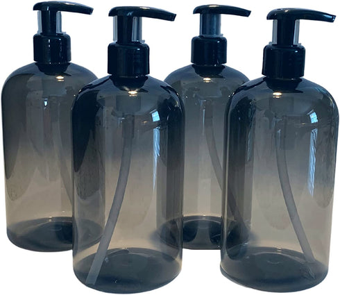 Bottiful Home-16 oz Empty PET Plastic Refillable Bottles-Set of 4-with Lotion Pumps for Shampoo, Conditioner, Body Wash, Hand Soap, Dish Soap, Lotion, Cleanser-Drip Free, Rust-Free (Gray)