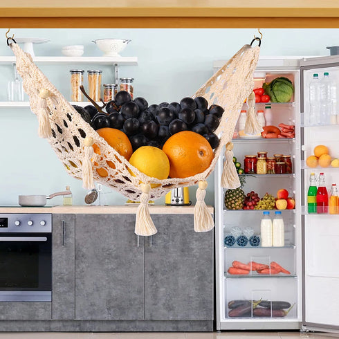 ANPOTop Fruit Hammock Under Cabinet 2 Pcs with 12 Tassels, Macrame Handwoven Cotton Banana or Veggies - Hanging Basket for Saves Counter Space at Kitchen RV, White, 2PCS, SKU100209-2PCS