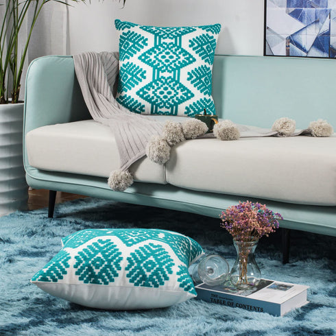 Teal Farmhouse Embroidered Decorative Pillow Covers Morocco Boho Diamond Couch Sofa Throw Cushion Cases Living Room Pillowcases,Pack 2,18x18