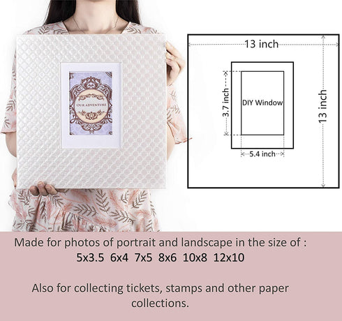 13x13 Photo Album Scrapbook Large Sticky Pages Self Adhesive 4x6 5x7 8x10 Fit Any Size of Photos Stamps Tickets with DIY Cut-Out Window Beige 30 Sheets-White