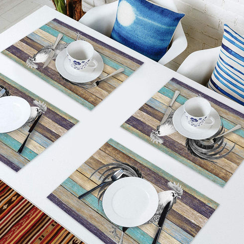 WARM TOUR Table Placemats Set of 4, Farm Cock Rooster on Retro Wood Grain Heat Resistant Place Mats Washable Cotton Linen Table Mats for Dining Kitchen, Easy to Clean, America Retro Country Theme