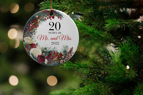 20 Years as Mr. and Mrs. Ceramic Christmas Tree Ornament Collectible Holiday Keepsake 2.875" Round Ornament in Decorative Gift Box with Bow- Perfect 20th Wedding