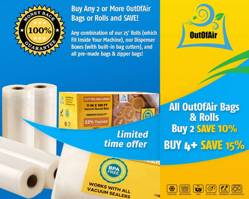 6" x 25' Rolls (Fits Inside Machine) - 4 Pack (100 feet total) OutOfAir Pint Vacuum Sealer Rolls. Works with FoodSaver Vacuum Sealers. 33% Thicker, BPA Free, Sous Vide, Commercial Grade