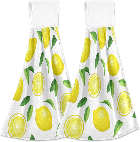 Summer Fresh Lemons Hanging Kitchen Towels Yellow Lime Orange Slices Fruit Leaves Bathroom Hand Tie Towel Fast Drying Dish Tea Towels for Bath Tabletop Gym Home Decor Set of 2