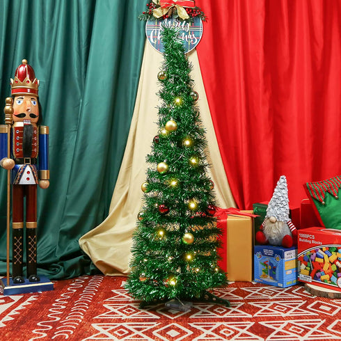DomeStar 2.9Ft Tinsel Prelit Christmas Tree, Pop Up Artificial Pencil Slim Tree with 15PCS Christmas Balls for Xmas Decor Holiday Carnival Party Decorations