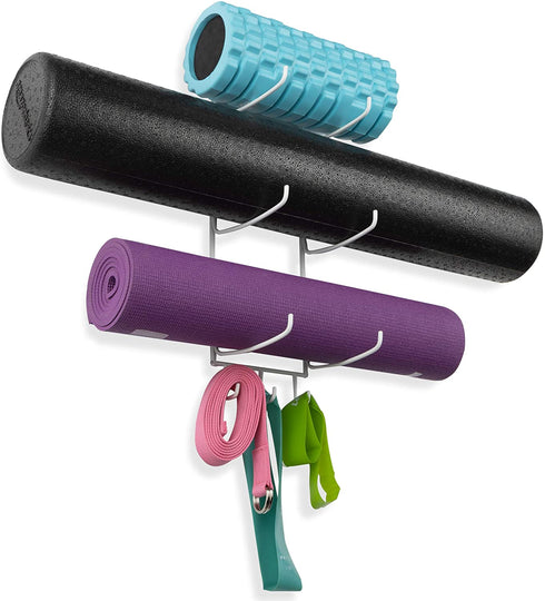 Wallniture Guru Wall Mount Yoga Mat Foam Roller and Towel Rack with 3 Hooks for Hanging Yoga Strap and Resistance Bands, 3-Sectional Metal