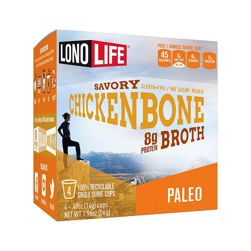 LonoLife - Chicken Bone Broth Single Serve Cups - 8g Collagen Protein - Grass-Fed, Gluten-Free - Keto & Paleo Friendly - 4 count