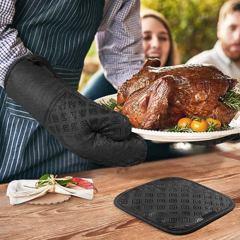 Oven Mitts and Pot Holders Kitchen: 500„‰ Heat Resistant Oven Gloves with Kitchen Towels Silicone Ovenmitts Hotpads Set - Quilted Long Kitchen Mittens Potholders Washable Mits Hot Pads for Baking