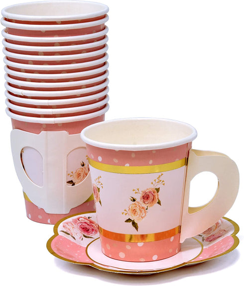 36 Disposable Tea Party Cups 5 oz 3" 36 Saucers 5" Paper Floral Shaped Plate Teacup Set with Handle for Kids Girls Mom Coffee Mugs Wedding Birthday Baby Bridal Shower Gold Foil & Pink Table Supplies
