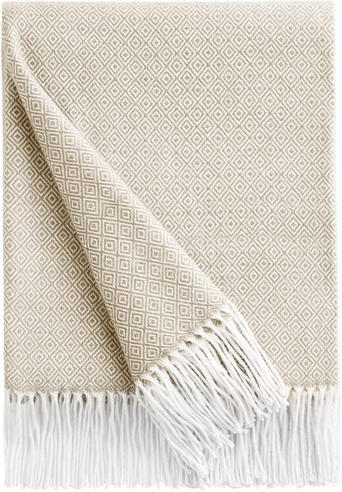 Bourina Decorative Diamond Lattice Faux Cashmere Fringe Throw Blanket Lightweight Soft Cozy for Bed or Sofa Farmhouse Outdoor Throw Blankets, 50" x 60", Beige