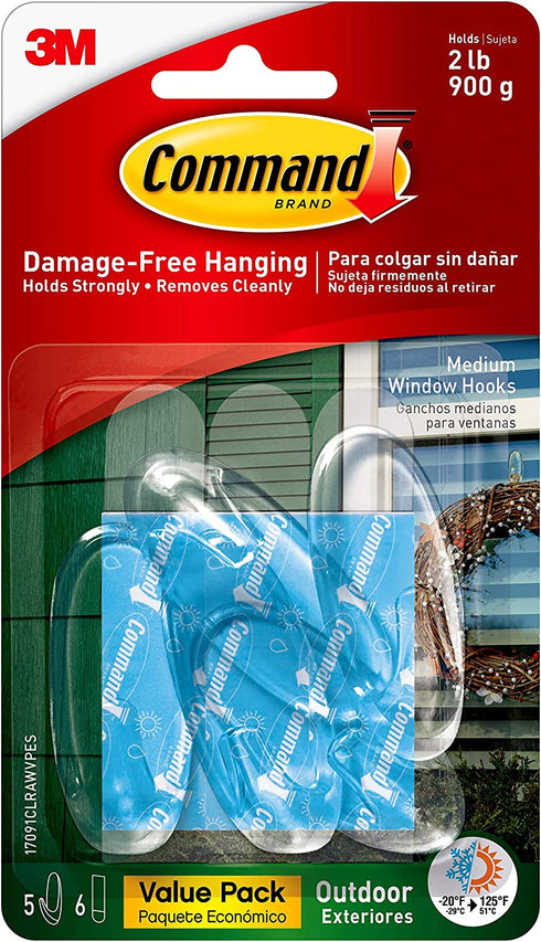 Command Medium Wall Hooks, Damage Free Hanging Wall Hooks with Adhesive Strips, No Tools Wall Hooks for Hanging Decorations in Living Spaces, 5 Clear Wall Hooks and 6 Command Strips