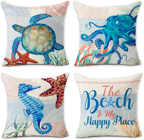 Hexagram Ocean Theme Summer Pillow Covers 18 x 18 Inch Set of 4 Blue Sea Turtle Beach Pattern Soft Linen Throw Pillow Cover Cushion Case for Couch Sofa Living Room Indoor Outdoor Home Decor