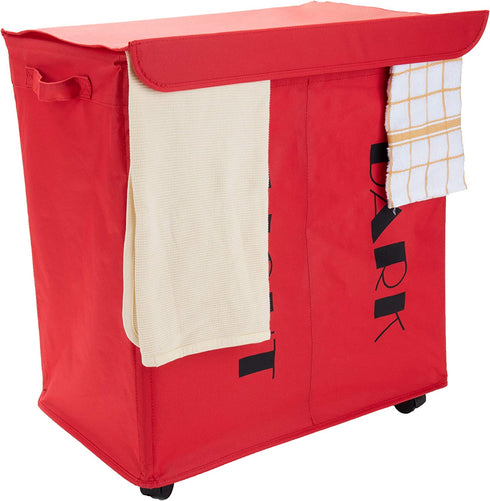 Mind Reader Double Rolling Hamper Laundry Sorter with Lid, Wheels, Handles, Red
