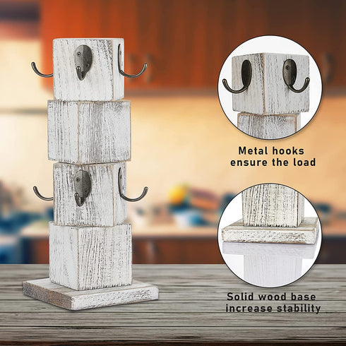 Lilithye Coffee Mug Holder for Counter Countertop Wood Rustic Coffee Mug Holder Stand with 8 Hooks Farmhouse Vintage Coffee Mug Tree Rack for Kitchen Bar