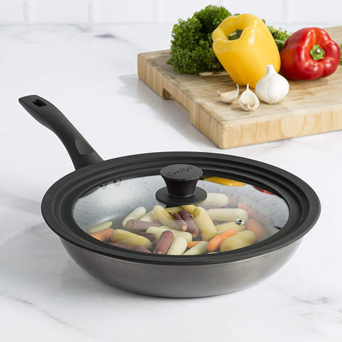 Goodful Universal Lid for Pots, Pans and Skillets, Tempered Glass Steam Vented, Graduated Silicone Rim Fits 9.5" to 12" Cookware, Replacement Top, Large, Black