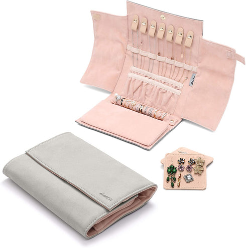 Becko Jewelry Organizer Roll Travel Jewel Bag case for Multiple Necklaces, Rings, Bracelets, Supple Leather & Suede, Large Capacity Without Crease, Lightweight, Portable & Practical (Gray)