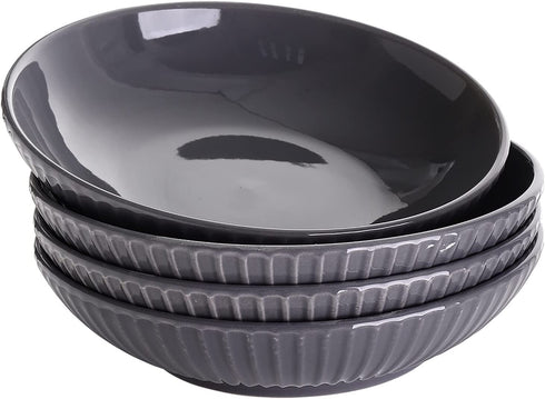 Bestone Pasta Bowls 40oz, Porcelain Embossed Strip Serving Bowls, Large Salad Soup Bowls, Microwave & Dishwasher Safe, Set of 4, Grey