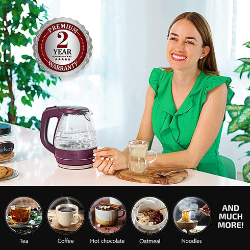 Ovente Electric Kettle Hot Water Boiler 1.5 Liter BPA Free Borosilicate Glass Fast Boiling Countertop Heater with Automatic Shut Off & Boil Dry Protection for Tea Coffee Milk Noodle, Purple KG83P