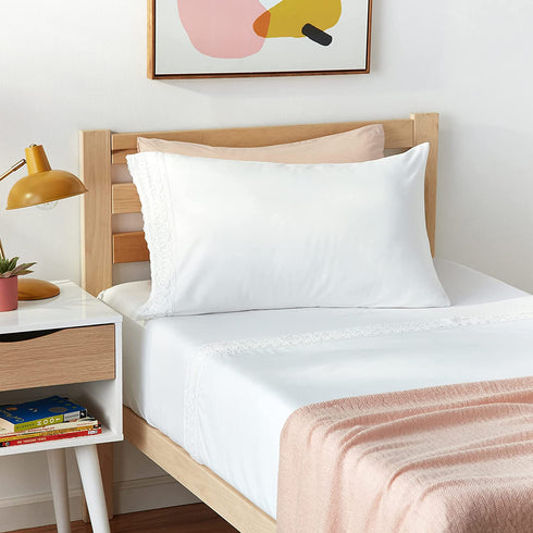 Amrapur Overseas | 3-Piece 100% Microfiber Crochet Lace Bed Sheet Set (White, Twin)