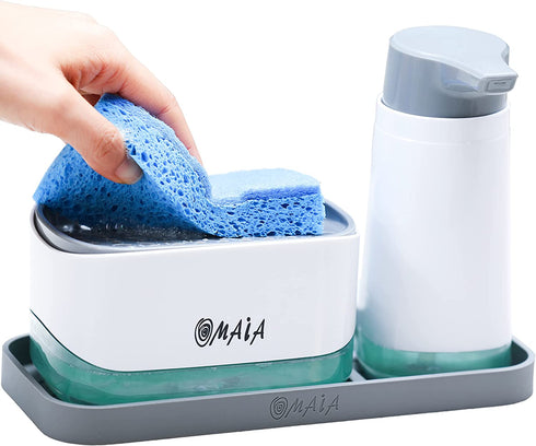 OMAIA 4-in-1 Dish Soap Dispenser Set - Kitchen Soap Dispenser with Sponge Holder and Liquid Hand Soap Dispenser and Silicone Tray - Countertop Organizer - Useful Kitchen Gadgets