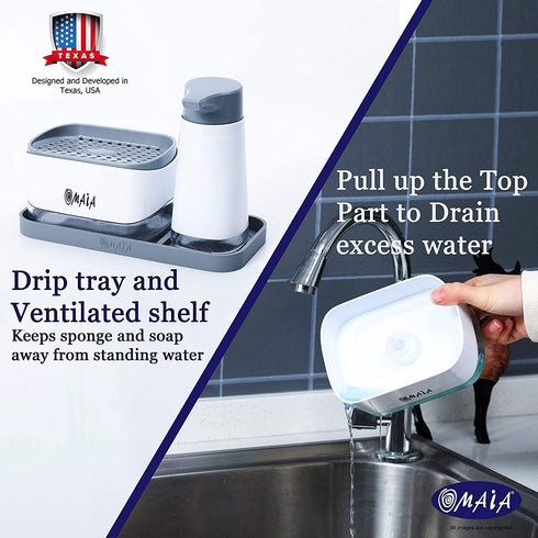 OMAIA 4-in-1 Dish Soap Dispenser Set - Kitchen Soap Dispenser with Sponge Holder and Liquid Hand Soap Dispenser and Silicone Tray - Countertop Organizer - Useful Kitchen Gadgets