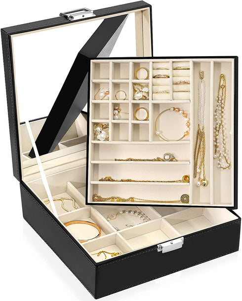 Oyydecor Two-Layer Pu Leather Jewelry Box Organizer Display Storage case Necklace Ring Earring Storage Lockable Gift Case Gifts for Women