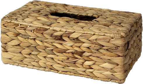 Hand Woven Square Tissue Box Cover Holder | Rustic Wicker Straw Tissue Paper Box Napkin Dispenser Organizer for Kitchen, Bathroom and Office (Water Hyacinth) (Rectangular)